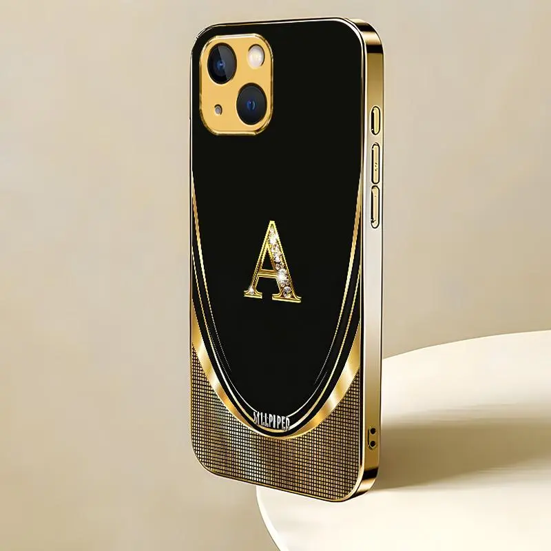 Suitable for [iPhone 13 ] Luxury Black Gold Monogram Electroplated Glass Case | Personalized A-Z Initial Phone Case | Glossy Protective Cover | Shockproof Drop Protection, Anti-Scratch & Anti-Fingerprint | JS996