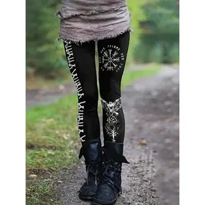 High Waist Graphic Print Viking Style Gothic Style Leggings, Casual Skinny Stretchy Tights for Daily Wear, Women's Clothing Fabric Womenswear Black Biker Bottom Polyester