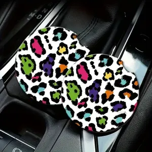 2Pcs Colorful Leopard Car Coasters Absorbent Cup Holder Mat Neon Rainbow Cheetah Automobile Beverage Pad Cute Y2K Vehicle Interior Accessories for Women