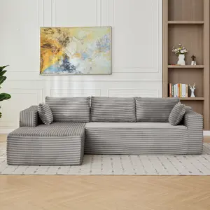 Compression Sectional Couch with Comfy Chaise, Boneless L Shape Sofa with Deep Seat, Minimalist Modular Couches Sleeper for Living Room Bedroom Apartment Lounge,corduroy,Grey   WL RR