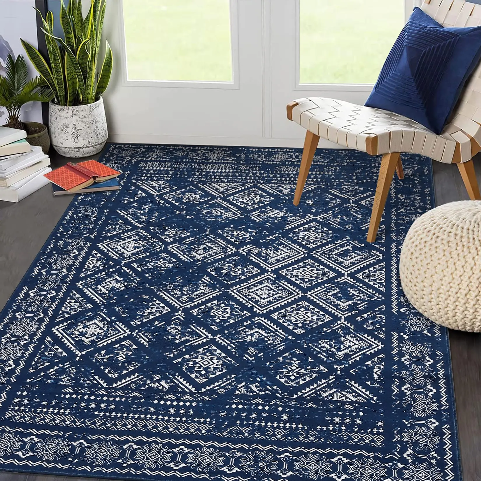 【GARVEE】Moroccan Rug 5x7 Living Room Area Rug Boho Washable Rug Ultra-Thin Vintage Rugs for Bedroom Non Slip Backing Distressed Throw Carpet for Dining Room Playroom Home Office Under Table Blue