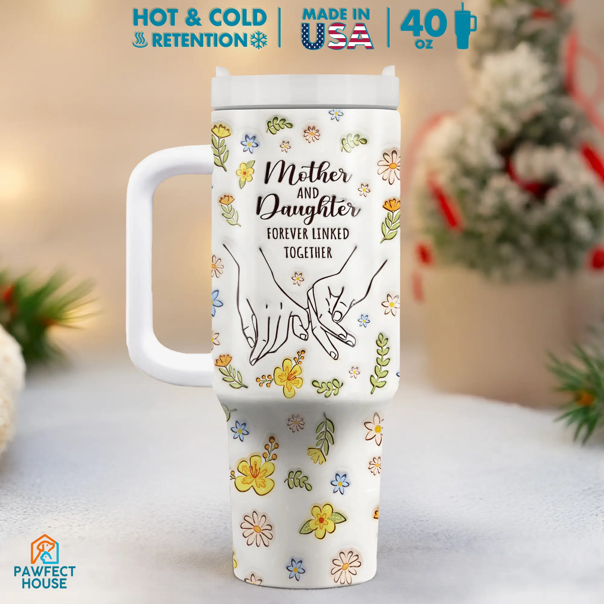 Pawfect House Motherhood Floral 40 Oz/ 20 Oz Stainless Steel Tumbler - Birthday Gifts Coffee Cup With Handle For Mother Daughter, Mother And Daughter