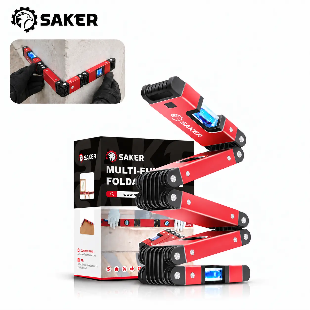 Saker Multi‑Function Foldable Level, 28‑Inch Bubble Level Hand Measuring Tool with Multi‑Angle Measurement, TPR Endcaps, Oxidation Processed Build, Space Saver Design for Woodworking, Stairs, Pipes Precise Leveling