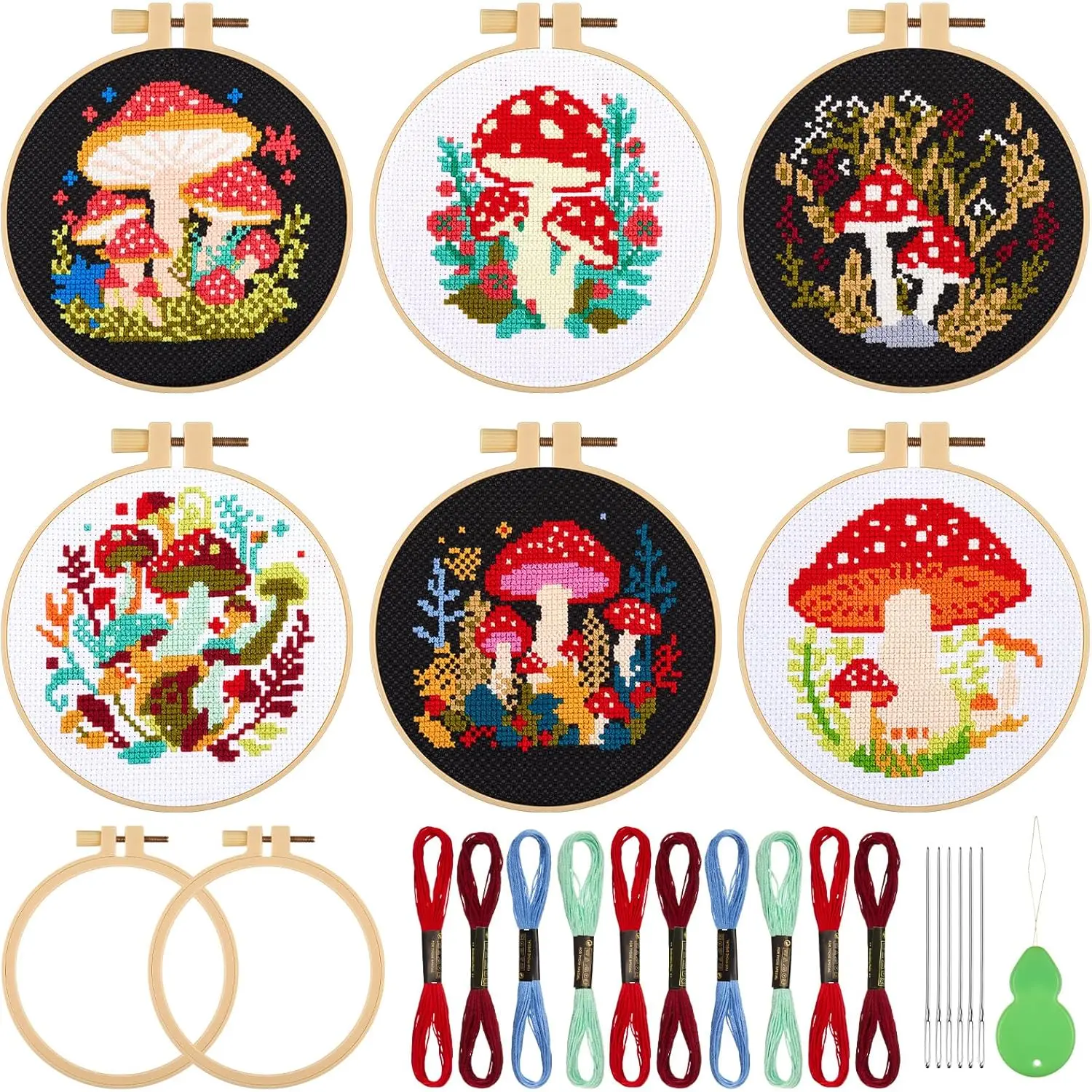 6 Sets Mushroom Cross Stitch Kits for Beginners Mushroom DIY Embroidery Kits with  and Instructions, 2 Embroidery Hoops, 6 ,  Threader, Threads Needlepoint Kits for Adults