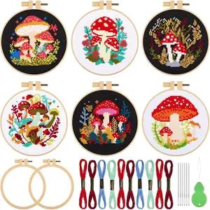 6 Sets Mushroom Cross Stitch Kits for Beginners Mushroom DIY Embroidery Kits with  and Instructions, 2 Embroidery Hoops, 6 ,  Threader, Threads Needlepoint Kits for Adults