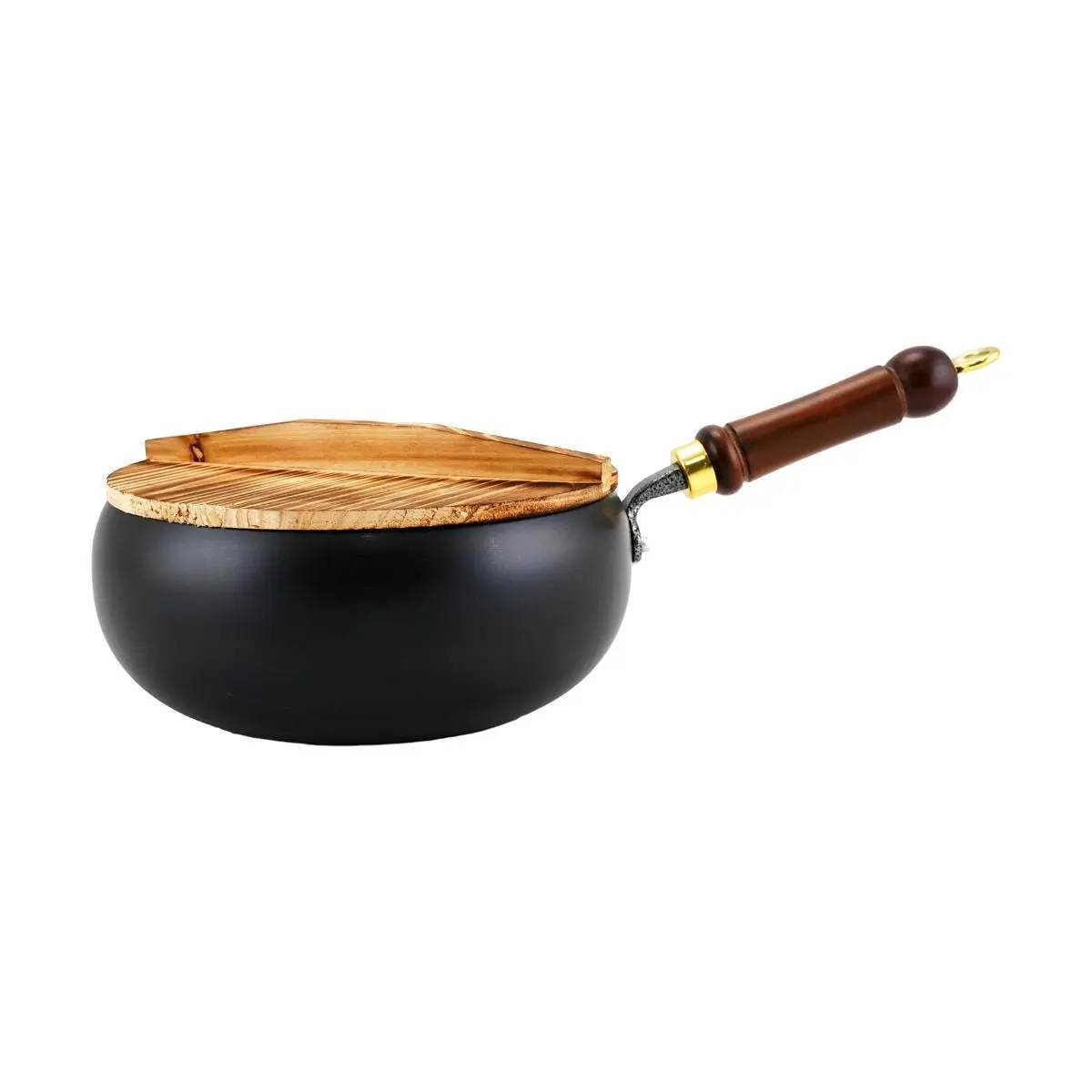 KAWASIMAYA 24cm Carbon Steel Wok Pan with Wooden Cover, Traditional Large Belly Cookware for Asian Cuisine, Insulated Stir-Fry Pan, Insulation
