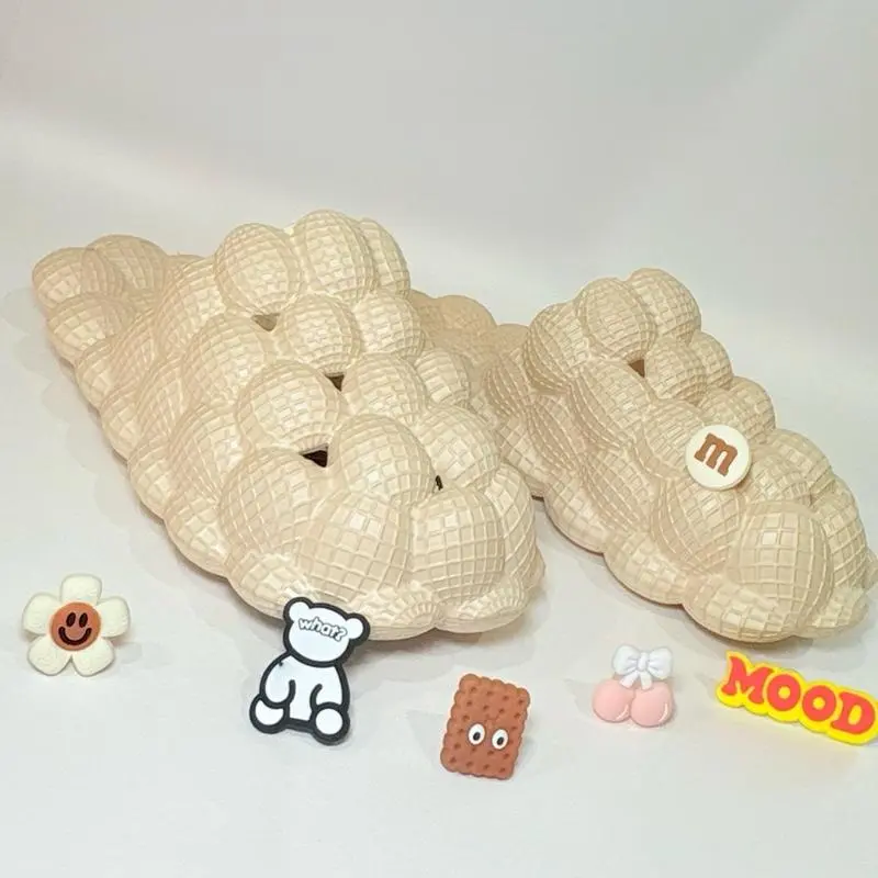 ANN MORE Austin Beige Bubble Flower Slide Sandals Ultra-Cushion Bubble Texture Lightweight Flexible Non-Slip Sole Cute Smiley Flower Charm Soft-Beige Color Versatile Stylish