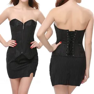 Women Sexy Black Strapless Pinstripe Zipper Fashion Business Set Overbust Corset Dress Top And Skirt Slim Suit
