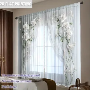 2 Pcs White 3D Floral Print Curtains - 100% Polyester Light-Translucent Pole Pocket Design, Modern Art Decoration for Living Room, Kitchen and Bedroom, Easy Installation (Curtain Rod Not Included), Living Room Curtains, Home Decoration Curtain