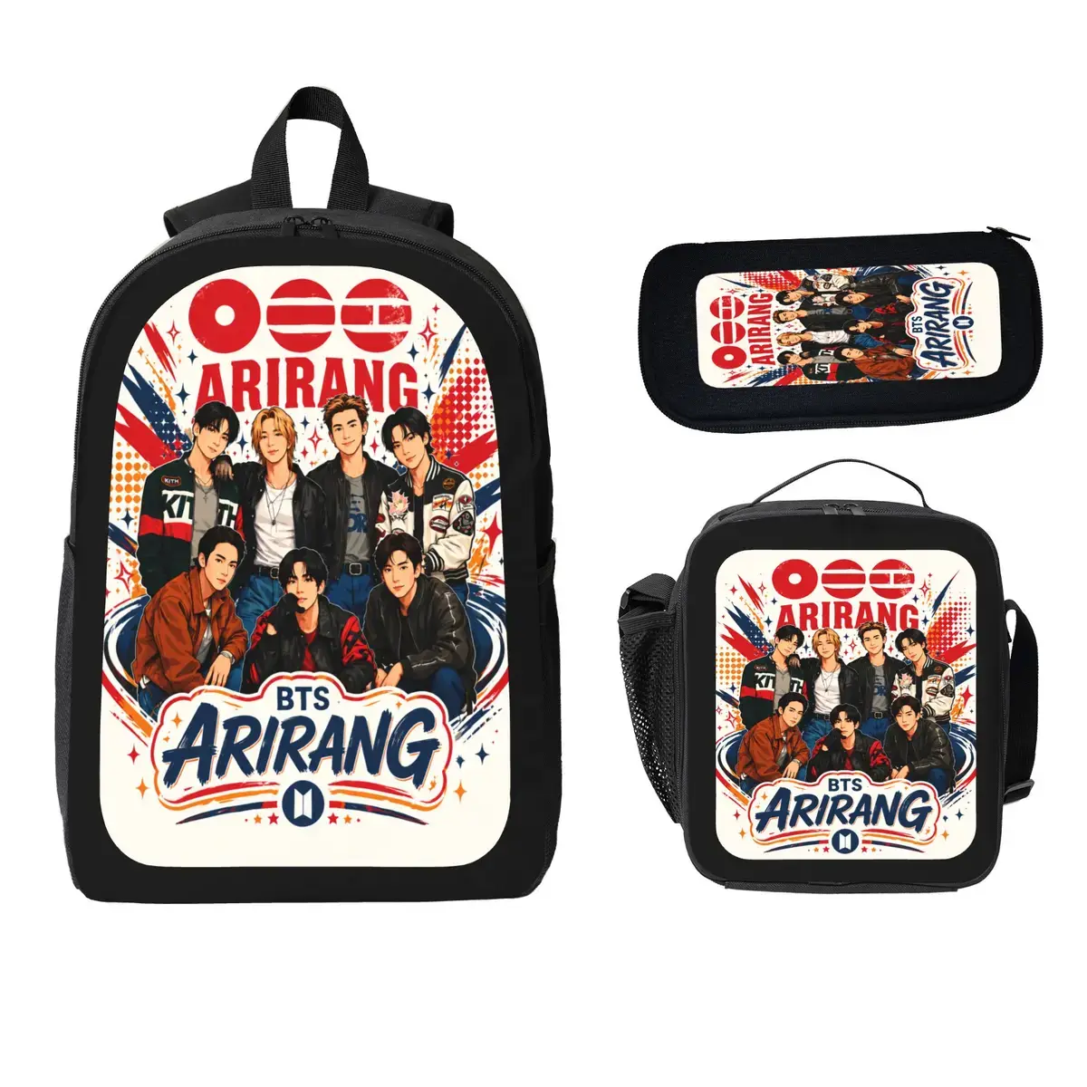 3PCS Kpop Music Backpack Set for Kids & Teens, Korean Pop Idol Graphic School Bag Set with Lunch Bag & Pencil Case, Lightweight Durable Travel Backpack for Students & Fans