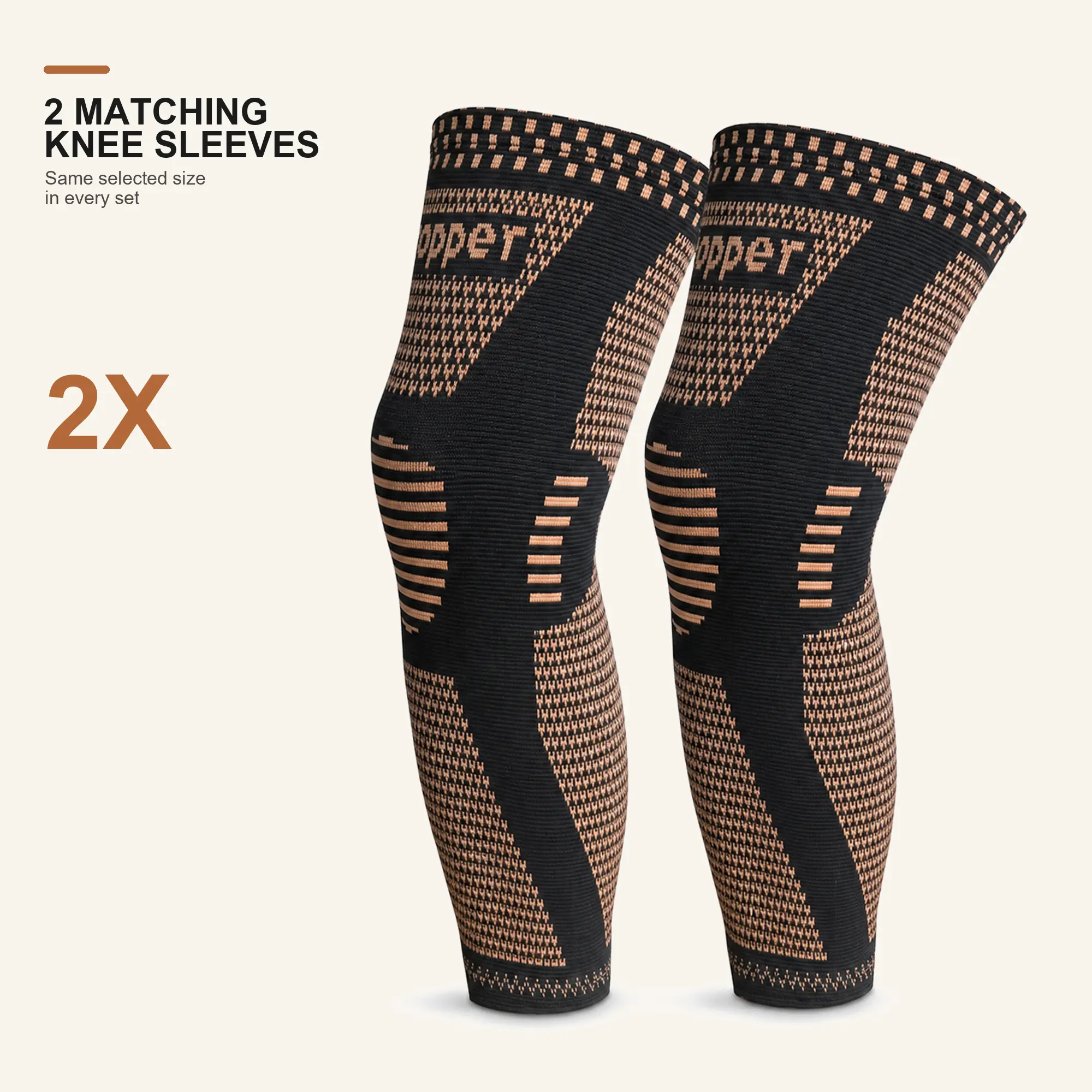 2 Pack Copper Fiber Knee Sleeves for Men and Women, Long Knee Support Sleeves with Anti Slip Strips for Running, Basketball, Cycling, Fitness, Outdoor Sports and Cold Weather Wear