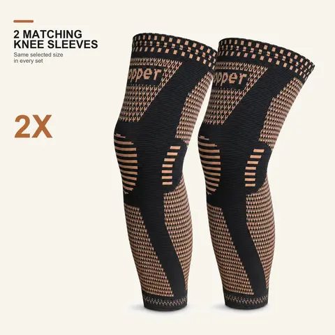 2 Pack Copper Fiber Knee Sleeves for Men and Women, Long Knee Support Sleeves with Anti Slip Strips for Running, Basketball, Cycling, Fitness, Outdoor Sports and Cold Weather Wear