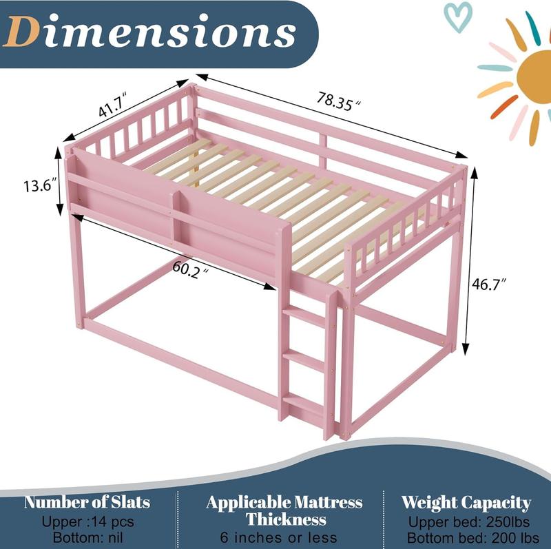 Twin Low Bunk Beds Frame, Wooden Bunk Bed Frame Twin Over Twin, Convertible Floor Bunk Bed with Storage Shelf & Ladder, No Box Spring Needed (Pink) Twin Low Bunk Beds Frame, Wooden Bunk Bed Frame Twin Over Twin, Convertible Floor Bunk Bed with Storage Shelf & Ladder, No Box Spring Needed (Pink)