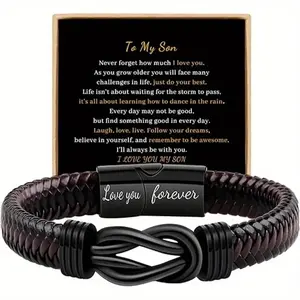 2pcs Multi-Layer Leather Bracelet For Men, Elegant Style With Stainless Steel Infinity Charm, Perfect Gift For Son