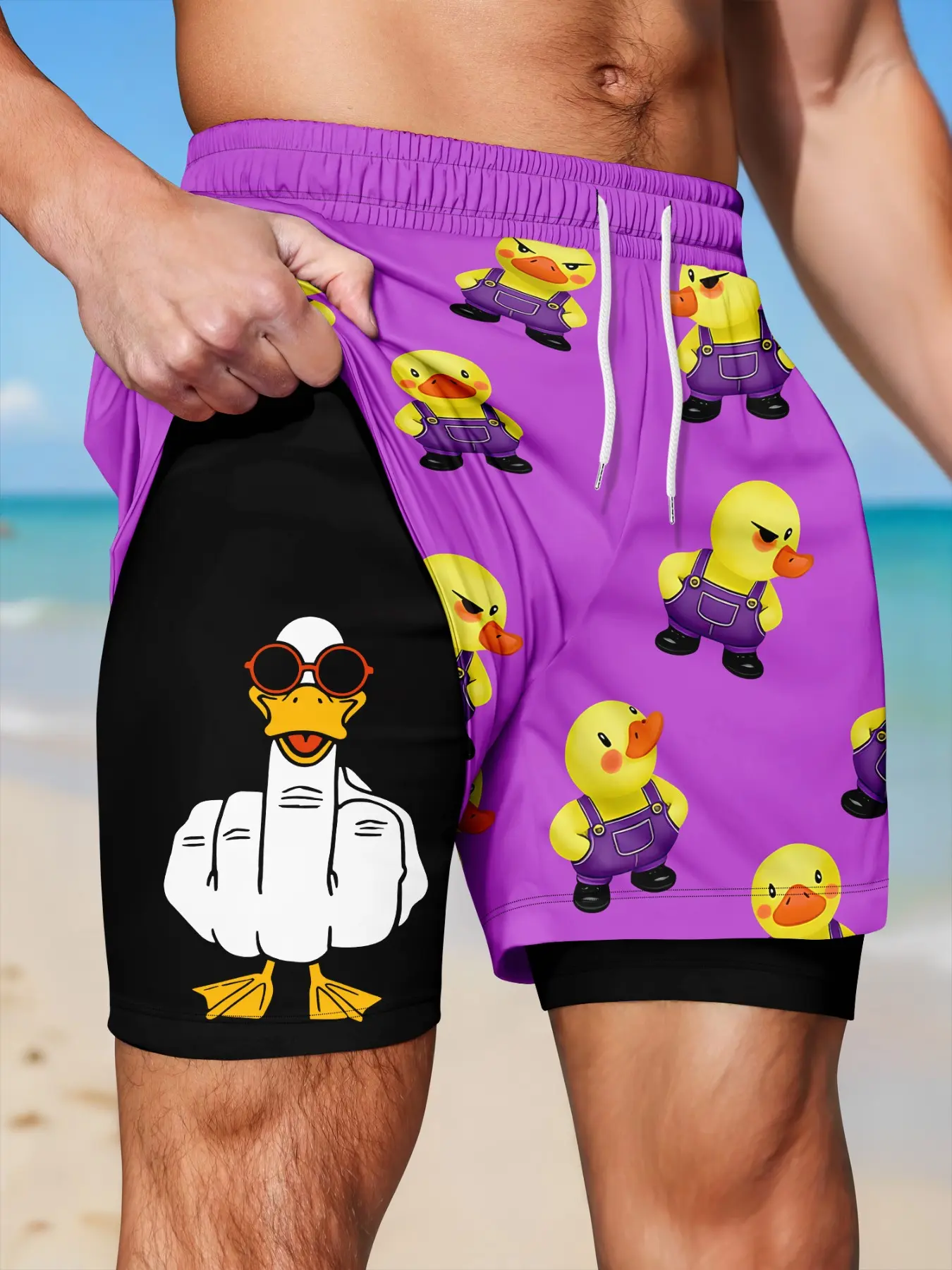 Men's Double-Layer Quick-Dry Shorts, Fun Duck Print, Cartoon Pattern, Drawstring Waist, Lined for Privacy, Summer Beachwear, Drawstring Swim Shorts