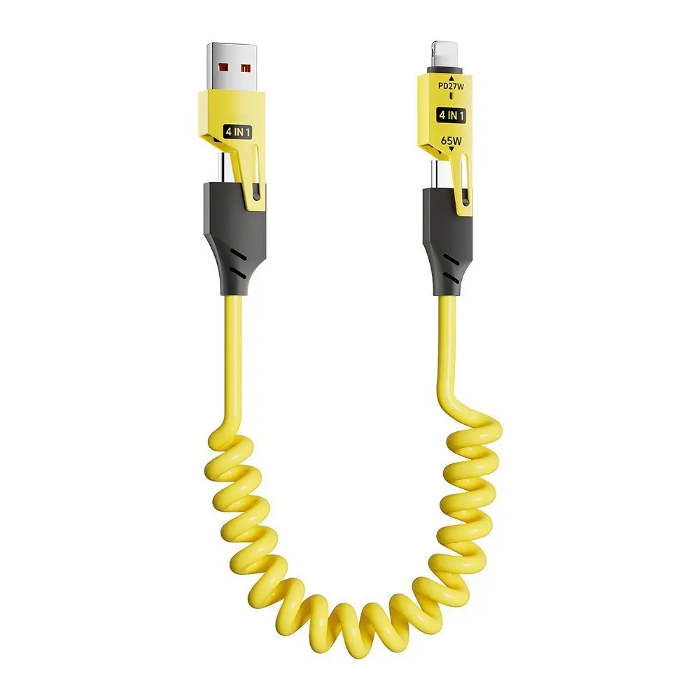 4-in-1 Charging Cable Spring Wire 5ft/1.5m USB C Type C Lightning Supercharging Cable for MacBook, iPad, iPhone, Samsung, Car