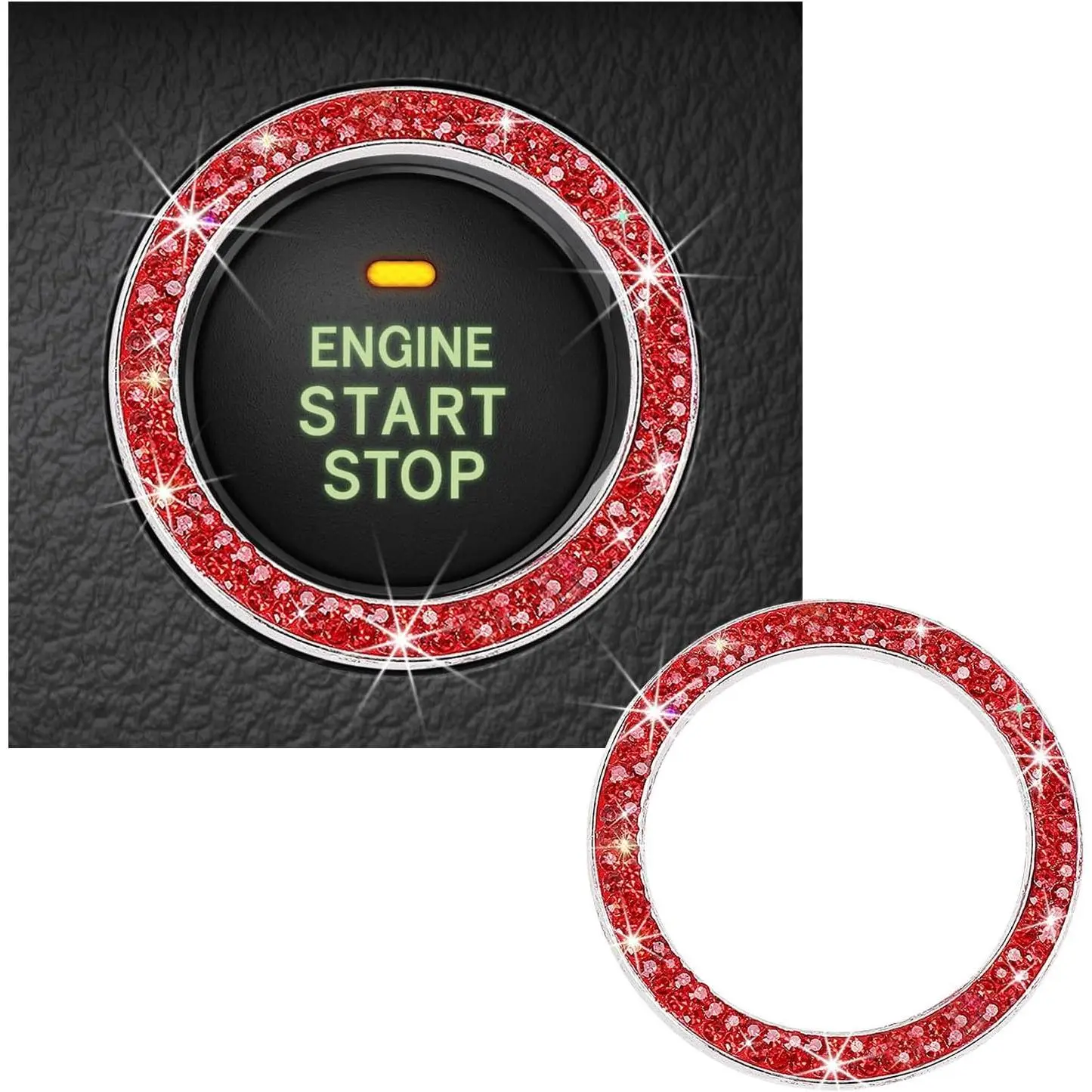 Girl Car Button Accessory Set - Red Sparkle Crystal Rhinestone Zinc Alloy 2-Row Engine Stop Push Start Cover, Novelty Key Ring & Knob Decor, Long-Lasting Twoway Tape Mount for Easy Installation