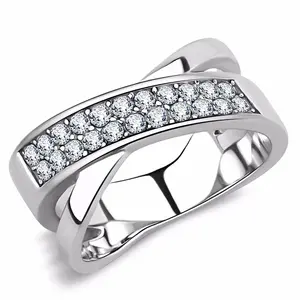 Lanyjewelry Female 2-Row X-Shape Round Cut Cubic Zirconia Synthetic Diamond Stainless Steel Hypo-Allergenic Eternity Band - Ideal for Daily Wear, Wedding