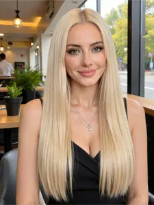 Light Ash Blonde Straight Lace Front Wig 28" Synthetic Hair Pre-Plucked Natural Hairline 13x4 HD Transparent Lace Free Part Heat-Friendly
