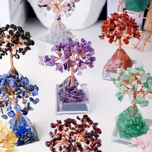 [Crystal Pyramid Ornament] Decorative Crystal Gravel Pyramid Tree Ornament - Resin Made - for Home Featuring a Flower Tree