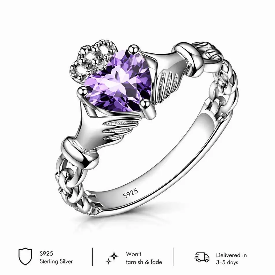 Women's 925 Silver Amethyst Rings - Heart-Shaped Purple CZ, Celtic Crown & Hands Irish Design, Size 6-10, Jewelry Gift for Her