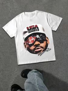 High Street Style Short Sleeve Men's American Vintage Basketball Print Loose T-Shirt, Casual Long T-Shirt, Graphic H-Type Fit