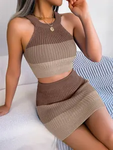 Women's Colorblock Striped Print Sweater Co-ord Set, Casual Round Neck Tank Top & Bodycon Skirt, Summer Outfits 2024, Women's Two-piece Outfits for Club Party