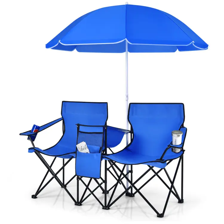 COSTWAY Double Portable Picnic Chairs, Folding Camping Chairs w/Detachable Umbrella, Cooler Bag, Cup Holders, Patio Beach Camping Chairs for Outdoors-