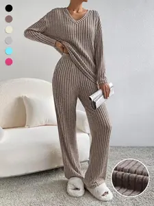 Women's Solid Drop Shoulder Pocket Loungewear Set, Casual Long Sleeve V Neck Top & Straight Leg Pants sweat suit Two-piece Set, Women's Sleepwear for Spring & Fall