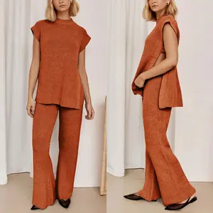 Ommig Women's 2-Piece Knit Lounge Set, Sleeveless Side-Slit Pullover Top & Wide-Leg Pants, Matching Casual Loungewear for Women