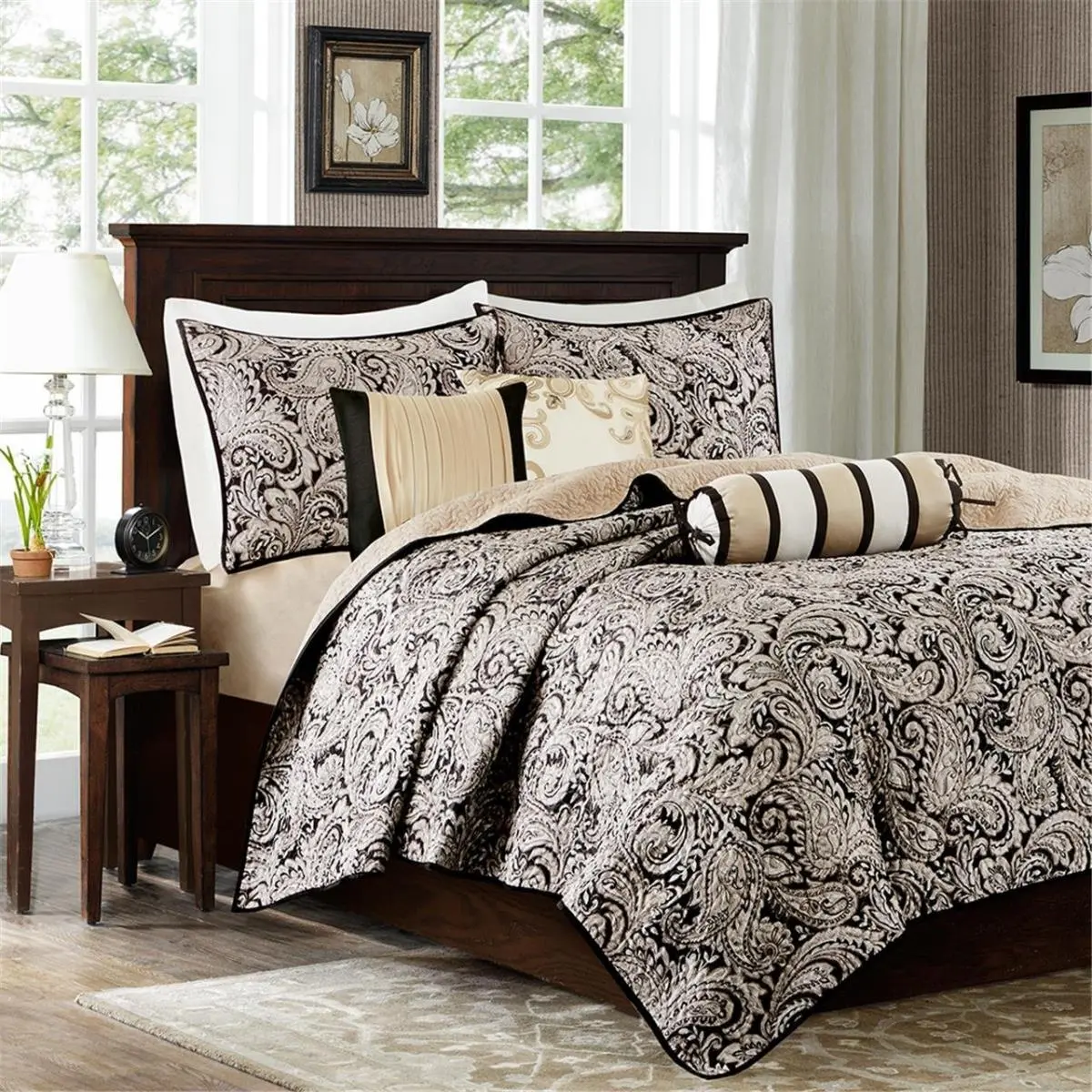 212 MAIN 6-Piece Polyester Jacquard Weave Coverlet Set - Classic Paisley Motif, Machine Washable, Black, California King Size for King Size Beds