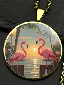 Tropical Flamingo Sunset Necklace - Zinc Alloy Frame with Clear Glass Setting, Women's Beach-themed Pendant, Summer Vacation Jewelry.