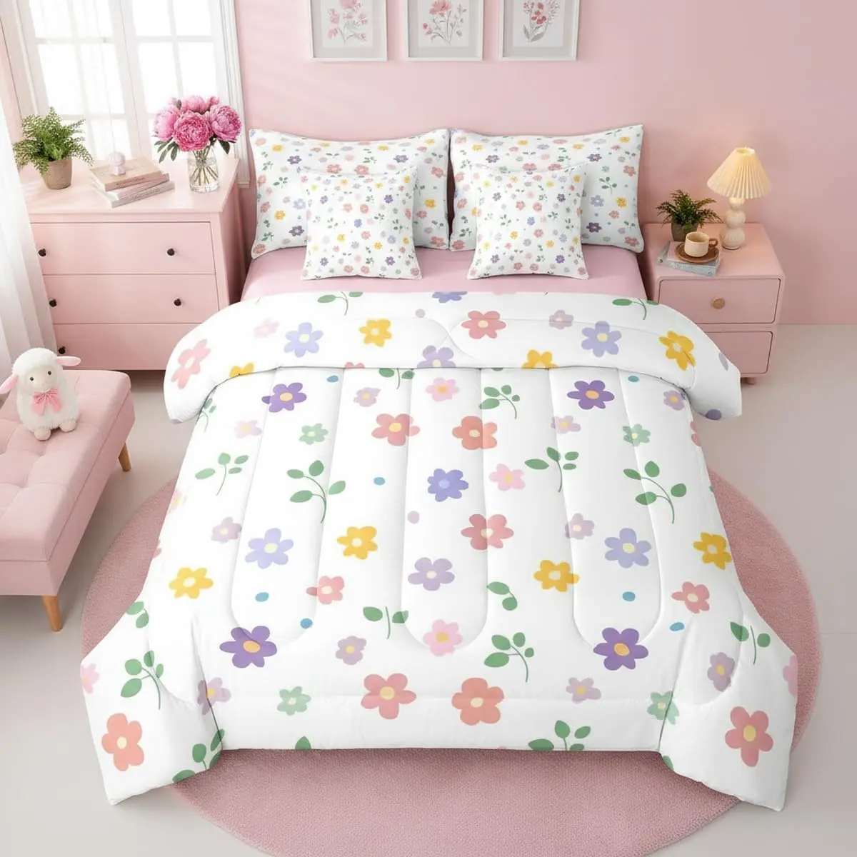 Floral Comforter Set Cute Flower Bedding Set Cartoon Colorful Botanical Flowers Bed in A Bag 7 Pcs Simple Daisy Floral Aesthetic Sheet Set with Comforter Nursery Decor