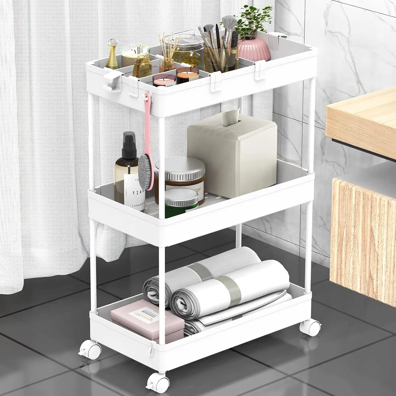 3 Tier Rolling Cart with Wheels, Storage Craft Art Trolley Organizer Serving, 3 Hanging Baskets Easy Assembly, for Office, Bathroom，Living Room, Kitchen