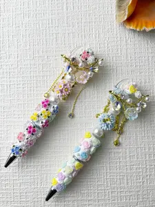 "Garden Set" Alloy Rhinestone Elegant Focal Bead with Crystal Chain, Includes 4pcs Abs Pearl Spacers and an Acrylic Flower Ball Bead, with a Fancy Floral Beaded Pen, Perfect Gifts for Women, Girls, Teachers, Friends