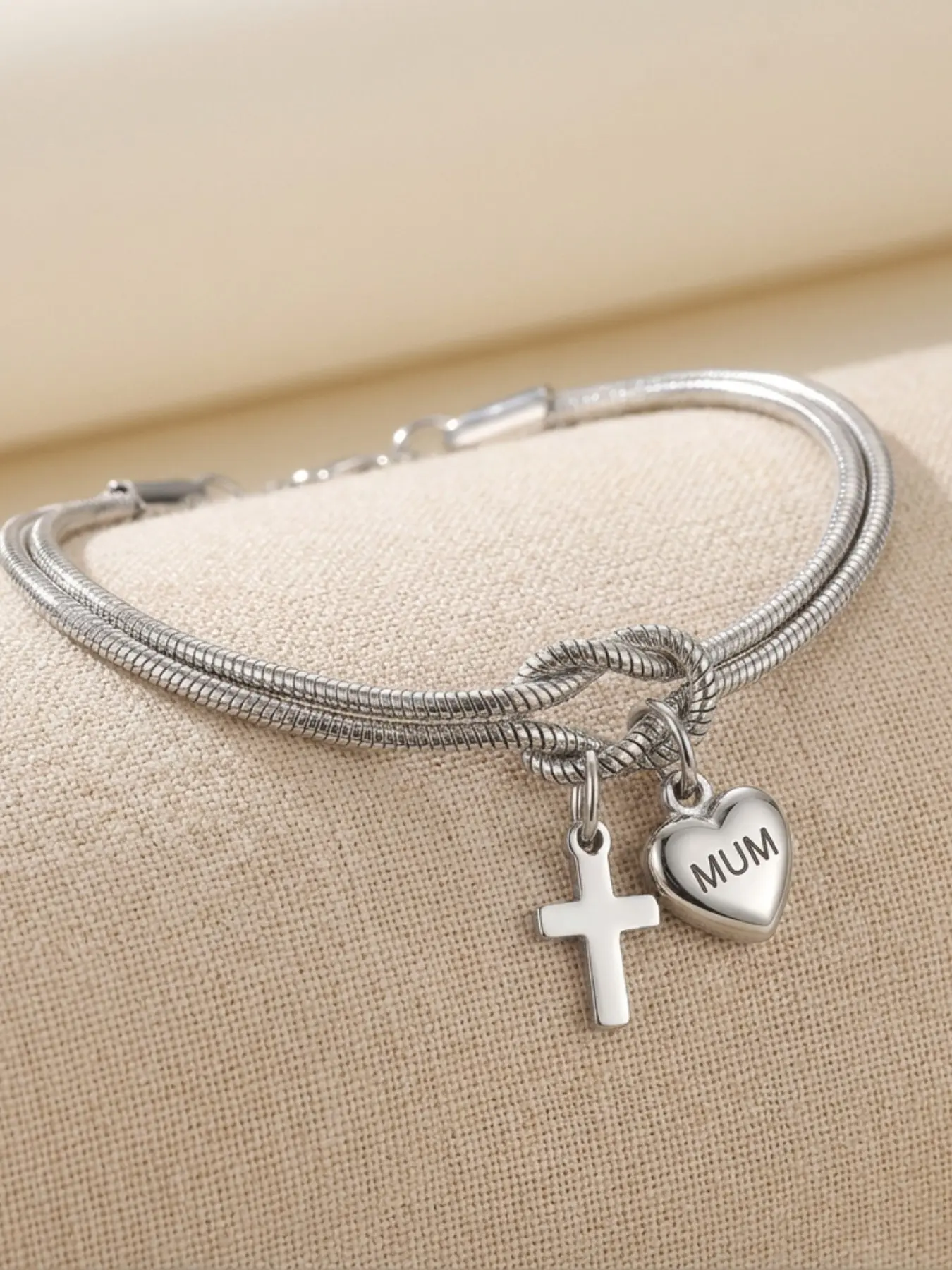 Stainless Steel Engraved Mum Heart Cross Knot Bracelet, Perfect Holiday Gift, Elegant Jewelry for Special Occasions