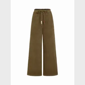 Cider Corduroy Mid Rise Elastic Waist Drawstring Beaded Wide Leg Trousers