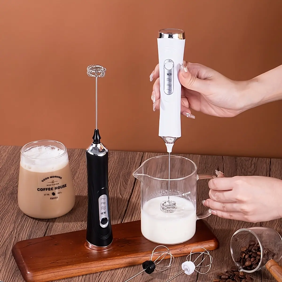 Handheld Milk Frother, USB Rechargeable, Includes 2 Stainless Steel Whisks, 3-Speed Adjustable, Ideal for Coffee, Hot Chocolate, Keto Diets, Protein Powder, Matcha, Milkshakes, Egg Mixing - Durable Lithium Battery, Perfect Home Barista Experience