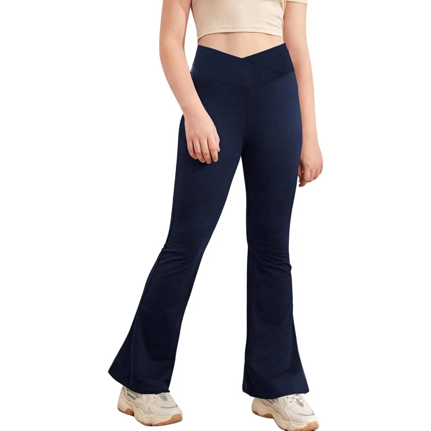Girls' Cross Waist Flare Leggings, Full-Length All-Season Yoga Pants in Soft Breathable Stretch Fabric for School & Dance, Breathable Fit