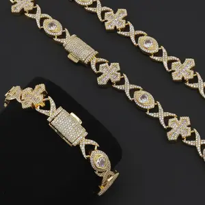 Cuban Chain 15mm Cross Bracelet/Necklace Christmas Accessories Miami Hip Hop Light Luxury High-End Zircon Men's Necklace
