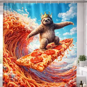 Funny Sloth Pizza Shower Curtain, Novelty Animal Bathroom Curtain, Surreal Food Art Bath Decor, Colorful Fun Bathroom Decoration