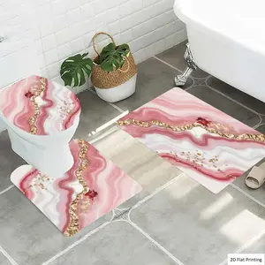 1/3Pcs Marble Pattern with Pink White and Gold Elements Bathroom Mat Set, Flannel Non Slip Bath Rug, Bathroom Floor Mat, Toilet U-Shape Mat, Toilet Lid Cover, Thickened Soft Absorb Water, Microfiber Surface Memory Foam Cushion, Ho, Bathroom Decorative Mat