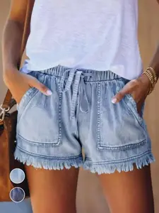 Women's Plain Drawstring Waist Denim Shorts, Casual Fashion Pocket Shorts for Daily Wear, Ladies Summer Bottoms, Shorts for Women