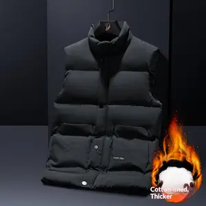 Men's Cotton Shirt with Cotton Vest, Stand Collar Sleeveless Jacket with Pockets, Warm Casual Winter Coat