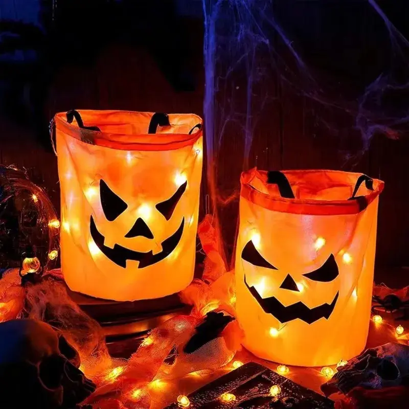 2 Pcs Halloween LED Collapsible Pumpkin Face Buckets - Reusable Material Lightweight Tote, Kids' Polyester Candy Bags for Party Gift & Festive Storage, Pumpkin Face - 2 Pcs