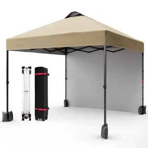 Gaomon 10x10 Ft Oxford Cloth Pop-Up Canopy Tent - UV-Resistant, Vented Roof, Sidewalls, 1-Person Setup Instant Shade Shelter with Ground Stakes, Ropes, Sandbags, Storage Bag (Black Support + Khaki Cloth) for Picnic, Camping, One-Person Setup