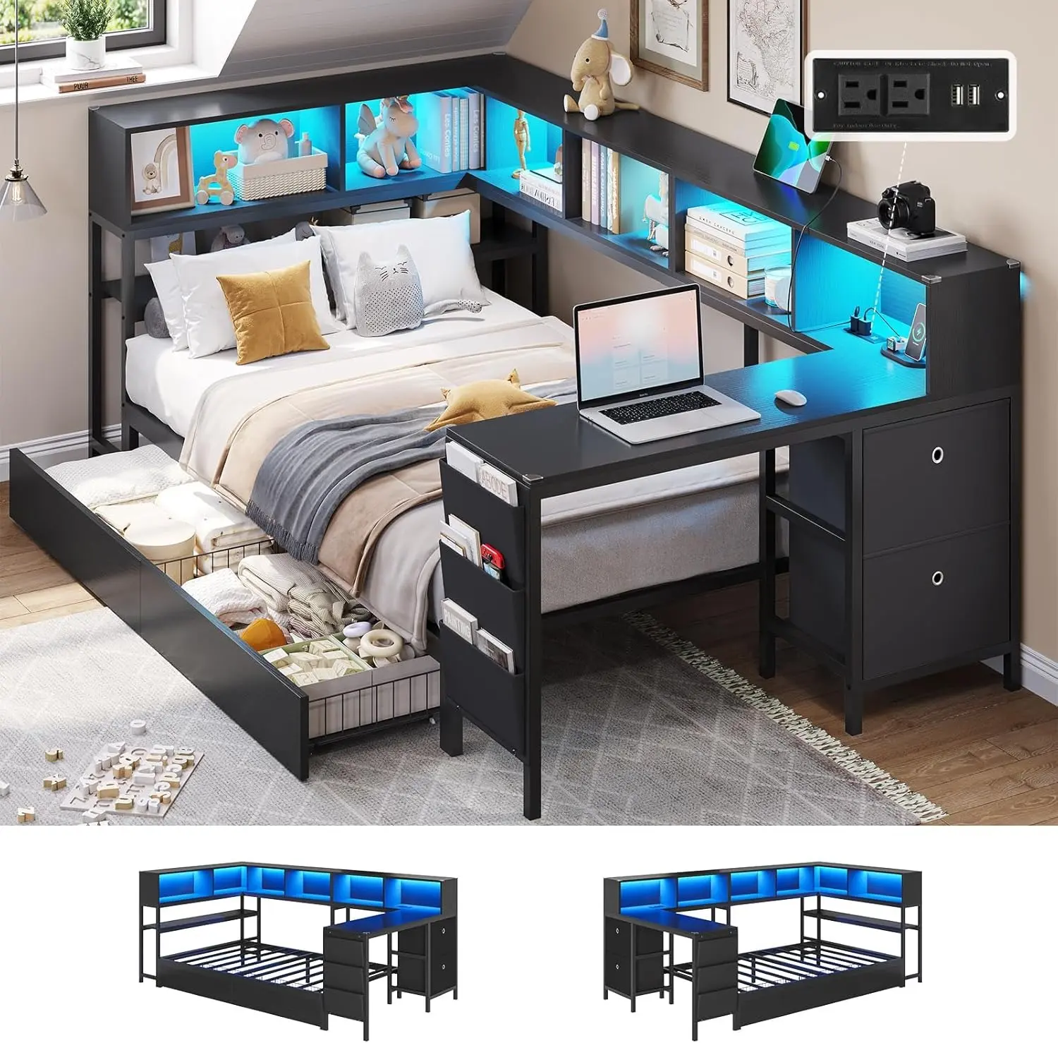 [SummerSale] Sikaic Corner Twin Bed Frame with Desk, Charging Station and Bookcase Storage Twin Size Daybed for Kids/Teen with Storage Drawers, Led Lights and Shelves Twin Size Platform Bed Frame with Desk, Home Furniture, Dorm Essentials