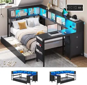 Sikaic Corner Twin Bed Frame with Desk, Charging Station and Bookcase Storage Twin Size Daybed for Kids/Teen with Storage Drawers, Led Lights and Shelves Twin Size Platform Bed Frame with Desk