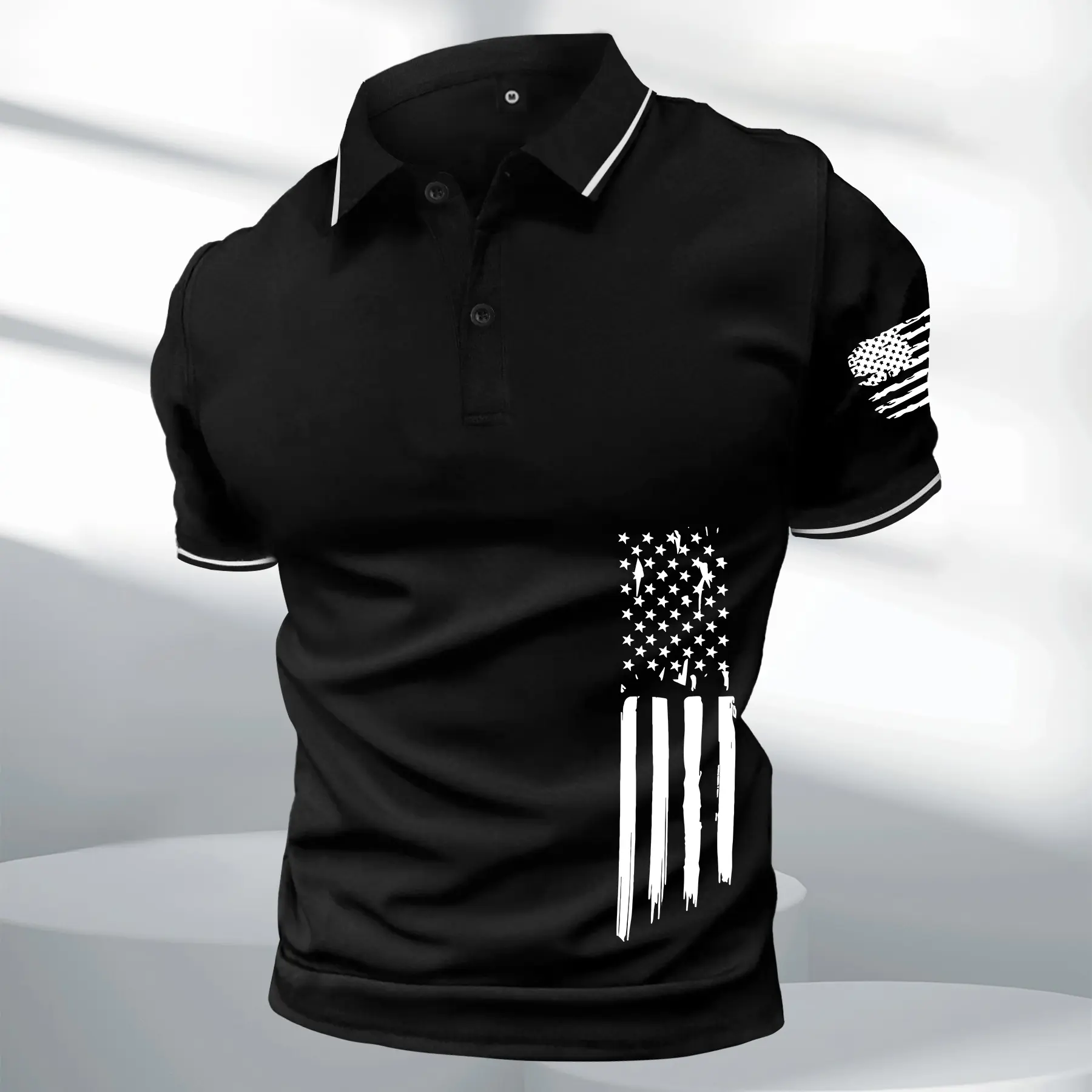 Men's Fitted Casual Short-Sleeve Lapel Button Polo Shirt - 2026 Stars and Stripes Horizontal Print, Skin-Friendly Fabric, Contrast Color Details, Machine Washable Menswear Top, Summer Outerwear, Autumn Layering Piece, Shortsleeve, Contrast Binding, Fitted