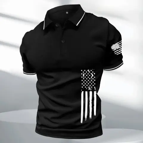 Men's Fitted H-Type Collared Shortsleeve Polo Shirt - Menswear, Skin-Friendly Fabric, 2026 Horizontal Stars & Stripes Print, Contrast Color Details, Contrast Binding, Machine Washable, Casual Business Button-Accented Summer Outerwear, Autumn Layering Top